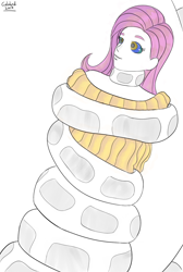 Size: 1080x1605 | Tagged: safe, artist:g-lahndi, fluttershy, human, snake, g4, 2017, clothes, coils, humanized, old art, partial color, signature, simple background, smiling, swirly eyes, white background
