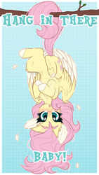 Size: 1024x1821 | Tagged: safe, artist:krypticquartz, fluttershy, pegasus, pony, g4, blushing, chest fluff, cute, daaaaaaaaaaaw, ear fluff, feather, hang in there, hanging, obtrusive watermark, open mouth, prehensile tail, shyabetes, solo, tail, tail hold, tree branch, upside down, watermark