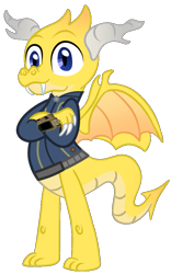 Size: 519x830 | Tagged: safe, artist:lichtman17, artist:php170, oc, oc only, oc:scribe scales, dragon, fallout equestria, blue eyes, claws, clothes, crossed arms, fallout, gift art, horn, jumpsuit, male, pipboy, request, simple background, smiling, solo, tail, transparent background, vault suit, vector, wings