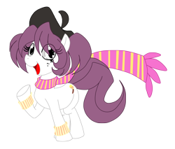 Size: 1400x1192 | Tagged: safe, artist:animewave, artist:animewave-neo, oc, oc only, earth pony, pony, :d, beret, clothes, earth pony oc, eye clipping through hair, freckles, hat, open mouth, open smile, scarf, simple background, smiling, solo, transparent background, underhoof