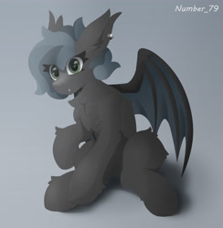 Size: 3635x3730 | Tagged: safe, artist:number_79, oc, oc only, oc:batty, bat pony, pony, bat pony oc, bat wings, fangs, female, gradient background, high res, mare, shadow, signature, sitting, smiling, solo, spread wings, wings