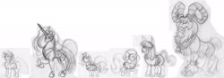 Size: 2090x737 | Tagged: safe, artist:animewave, artist:animewave-neo, grogar, princess celestia, trixie, twilight sparkle, alicorn, goat, pony, unicorn, g4, cloven hooves, female, lineart, mare, pencil drawing, simple background, traditional art, unicorn twilight, white background