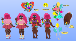 Size: 800x432 | Tagged: safe, alternate version, artist:windywendy29, pinkie pie, human, g4, alternate hairstyle, barefoot, belly button, belly piercing, bellyring, blue background, bra, bracelet, chubby, clothes, commission, cutie mark tattoo, dark skin, ear piercing, earring, eyebrow piercing, feet, female, fishnet stockings, humanized, jewelry, necklace, nose piercing, nose ring, panties, piercing, purple underwear, red underwear, reference sheet, shirt, shoes, simple background, skirt, sneakers, solo, stockings, t-shirt, tattoo, thigh highs, transparent background, underwear