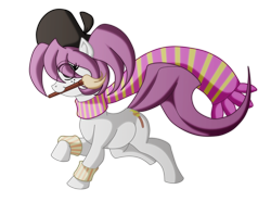 Size: 1422x1057 | Tagged: safe, artist:animewave, oc, oc only, earth pony, pony, beret, clothes, earth pony oc, eye clipping through hair, female, hat, mare, paintbrush, raised hoof, scarf, simple background, solo, transparent background