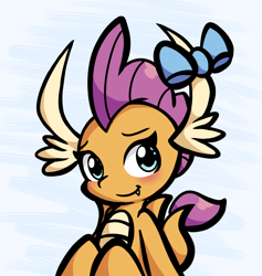 Size: 1420x1496 | Tagged: safe, artist:derp pone, derpibooru exclusive, smolder, dragon, g4, blushing, bow, cute, dragoness, female, looking at you, sitting, smiling, smiling at you, smolderbetes, solo