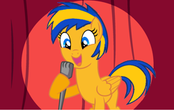 Size: 1600x1010 | Tagged: safe, artist:mlpfan3991, oc, oc only, oc:flare spark, pegasus, pony, g4, comedy, curtains, female, microphone, solo, spotlight, stand-up comedy