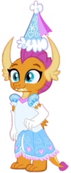 Size: 438x1064 | Tagged: safe, artist:darlycatmake, edit, smolder, dragon, g4, clothes, cute, dragon tail, dragon wings, dragoness, dress, female, froufrou glittery lacy outfit, gloves, happy, hat, hennin, long gloves, princess, princess smolder, proud, puffy sleeves, simple background, smiling, smolderbetes, solo, tail, white background, wings