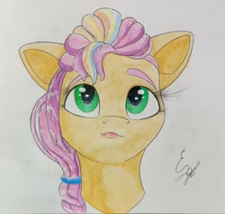 Size: 1762x1673 | Tagged: safe, artist:engi, sunny starscout, earth pony, pony, g5, my little pony: make your mark, :p, eyebrows, female, floppy ears, hair tie, looking up, mane stripe sunny, simple background, solo, tongue out, traditional art, watercolor painting