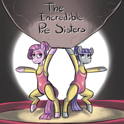Size: 1000x1000 | Tagged: safe, artist:smirk, maud pie, pinkie pie, earth pony, semi-anthro, g4, arm hooves, boulder, circus, clothes, colored sketch, cover, cover art, duo, eyeshadow, fake, female, hair bun, makeup, pinkamena diane pie, siblings, sisters