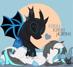 Size: 1307x1205 | Tagged: safe, artist:wheatley r.h., derpibooru exclusive, oc, oc only, oc:blizzard flare, oc:w. rhinestone eyes, changeling, honeypot changeling, kirin, bat wings, blue changeling, changeling oc, cute, female, floating heart, heart, kirin oc, male, mare, ocbetes, petting, simple background, stallion, tongue out, vector, watermark, wings
