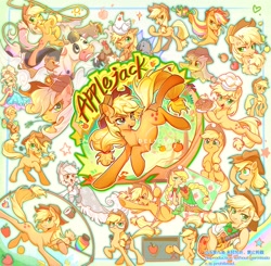 Size: 2048x2005 | Tagged: safe, artist:千雲九枭, applejack, spirit of hearth's warming past, winona, bird, chicken, cow, earth pony, pig, pony, g4, apple, apple chord, applejack is best facemaker, applejack's hat, applejewel, bass guitar, chef's hat, chest fluff, clothes, cowboy hat, cute, dress, equestria girls outfit, female, food, gala dress, goggles, guitar, hat, high res, hoof hold, human pony applejack, jackabetes, jackletree, jam, lasso, mare, mud, multeity, musical instrument, orange, pie, rainbow power, rope, safety goggles, smiling, sweat, zap apple, zap apple jam
