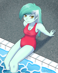 Size: 960x1200 | Tagged: safe, artist:empyu, lyra heartstrings, human, equestria girls, bare shoulders, breasts, cleavage, clothes, female, legs in the water, one-piece swimsuit, poolside, red swimsuit, sleeveless, solo, swimming pool, swimsuit