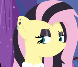 Size: 3500x3000 | Tagged: safe, artist:reinbou, fluttershy, pegasus, pony, g4, alternate hairstyle, boutique, bust, ear piercing, earring, fluttergoth, frown, goth, high res, jewelry, makeup, piercing, solo