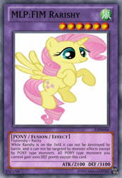 Size: 400x583 | Tagged: safe, artist:animanster, fluttershy, rarity, hybrid, pegasus, pony, unicorn, g4, alternate hairstyle, card, female, flying, horn, mare, palette swap, pegacorn, race swap, recolor, smiling, spread wings, text, wings, yu-gi-oh!