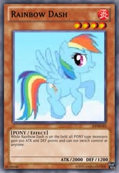 Size: 419x610 | Tagged: safe, artist:animanster, rainbow dash, pegasus, pony, g4, card, cloud, female, flying, mare, multicolored hair, rainbow hair, sky, smiling, spread wings, text, wings, yu-gi-oh!