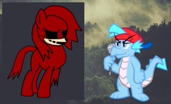 Size: 657x402 | Tagged: safe, artist:darlycatmake, artist:tarkan809, edit, dragon, pony, boyfriend (friday night funkin), creepypasta, dragonified, duo, friday night funkin', knuckles exe, knuckles the echidna, male, ponified, ready to fight, sonic the hedgehog (series), species swap, triple trouble