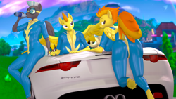 Size: 3840x2160 | Tagged: safe, artist:silkworm205, derpibooru exclusive, blaze, misty fly, spitfire, thunderlane, pegasus, anthro, unguligrade anthro, series:silkworm205's weekly artwork 2022, g4, 3d, ass, bedroom eyes, breasts, butt, car, clothes, dock, drinking, female, firebutt, folded wings, goggles, high res, holding hands, implied tail hole, implied wing hole, jaguar, jaguar f-type, latex, latex suit, lidded eyes, looking at you, looking away, male, mare, presenting, raised leg, revamped anthros, revamped ponies, seductive look, sexy, shipping, skintight clothes, source filmmaker, spread wings, stallion, stupid sexy blaze, stupid sexy misty fly, stupid sexy spitfire, stupid sexy thunderlane, tail, underhoof, uniform, unshorn fetlocks, water bottle, wings, wonderbolts, wonderbolts uniform