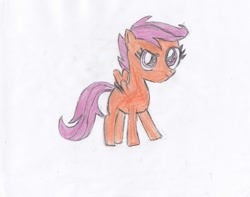 Size: 1025x809 | Tagged: safe, artist:thepegasuseffect, scootaloo, pegasus, pony, g4, female, filly, foal, pencil drawing, smiling, solo, spread wings, traditional art, wings