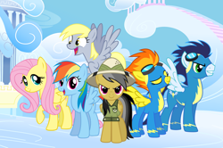 Size: 2790x1850 | Tagged: safe, artist:amigogogo, daring do, derpy hooves, fluttershy, rainbow dash, soarin', spitfire, pegasus, pony, g4, alternate mane six, cloud, cloudsdale, derp, eyes closed, female, flying, goggles, hat, male, mare, multicolored hair, on a cloud, pegasus six, rainbow hair, raised hoof, sky, smiling, spread wings, stallion, standing on a cloud, wings, wonderbolts
