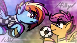 Size: 1920x1080 | Tagged: safe, artist:ashtoneer, rainbow dash, scootaloo, pegasus, pony, g4, 4chan cup, clothes, eye clipping through hair, female, filly, foal, football, frown, looking at each other, looking at someone, mare, smiling, sports, spread wings, text, torn ear, uniform, wings