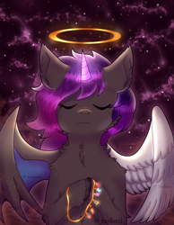 Size: 1200x1545 | Tagged: safe, artist:_tinyberri, oc, oc:ella starshade, alicorn, hybrid, pegabat, pony, alicorn oc, brown coat, commission, demon wings, eyes closed, floppy ears, front view, halo, hooves to the chest, horn, jewelry, necklace, short hair, solo, spread wings, starry sky, stars, wings