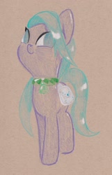 Size: 1529x2368 | Tagged: safe, artist:foxtrot3, oc, oc only, oc:romdiel, crystal pony, bag, bell, bell collar, blue eyes, collar, saddle bag, slave, smiling, solo, traditional art