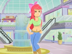 Size: 1285x964 | Tagged: safe, artist:applelord, apple bloom, human, equestria girls, g4, belly button, escalator, female, fountain, hand on hip, looking at you, mall, midriff, older, older apple bloom, screencap background, smiling, solo focus, teenage apple bloom