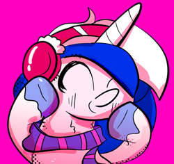 Size: 480x453 | Tagged: safe, artist:eveeyuwu, oc, oc only, oc:stargazer, pony, unicorn, clothes, eyes closed, headphones, pink background, raised hoof, scarf, simple background, smiling, solo, striped scarf
