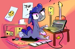 Size: 1874x1219 | Tagged: safe, artist:eveeyuwu, oc, oc only, oc:saangosu, earth pony, pony, carpet, chest fluff, computer, eye clipping through hair, guitar, keyboard, laptop computer, looking at you, microphone, musical instrument, piano, picture, sitting, solo, sound, speaker, wires