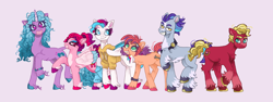 Size: 2048x768 | Tagged: safe, artist:bruny, hitch trailblazer, izzy moonbow, pipp petals, sprout cloverleaf, sunny starscout, zipp storm, earth pony, pegasus, pony, unicorn, g5, alternate design, clothes, female, folded wings, freckles, hoodie, leg warmers, lidded eyes, looking at you, male, mane five, mare, open mouth, open smile, raised hoof, raised leg, redesign, smiling, sprout joins the mane five, stallion, unshorn fetlocks, wings