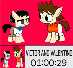 Size: 1501x1398 | Tagged: safe, artist:darlycatmake, edit, earth pony, pony, brothers, countdown, duo, duo male, fanart, half-siblings, happy, logo, logo edit, looking at each other, looking at someone, male, picture, ponified, promotional art, series premiere, siblings, smiling, smiling at each other, valentino calavera, victor and valentino, victor calavera