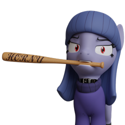 Size: 1080x1080 | Tagged: safe, artist:the luna fan, derpibooru exclusive, oc, oc only, oc:cosmia nebula, earth pony, pony, 3d, angry, baseball bat, blender, blender cycles, choker, clothes, earth pony oc, female, horny jail, looking at you, mare, mouth hold, open mouth, simple background, solo, sweater, transparent background