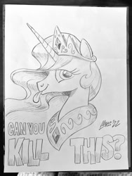 Size: 768x1024 | Tagged: safe, artist:mellodillo, princess celestia, alicorn, pony, g4, bust, female, grayscale, looking at you, mare, monochrome, pencil drawing, smiling, smiling at you, solo, text, tongue out, traditional art