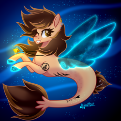 Size: 3000x3000 | Tagged: safe, artist:gabby-artista, oc, oc only, oc:gabby artista, pegasus, pony, seapony (g4), blue wings, brown mane, bubble, cute, digital art, dorsal fin, eyelashes, female, fin wings, fins, fish tail, flowing mane, flowing tail, gills, glowing, high res, jewelry, looking at you, mare, necklace, ocean, one eye closed, seaponified, signature, smiling, solo, species swap, swimming, tail, teeth, underwater, water, wings, wink