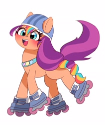 Size: 1729x2048 | Tagged: safe, artist:leo19969525, sunny starscout, earth pony, pony, g5, blushing, cute, cyan eyes, female, hair, hat, mane, mane stripe sunny, mare, open mouth, open smile, roller skates, simple background, smiling, solo, sunnybetes, tail, white background