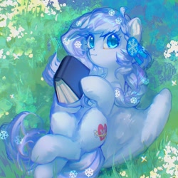 Size: 2048x2048 | Tagged: safe, artist:tingsan, oc, oc only, pegasus, pony, blue eyes, blue mane, blue tail, book, ears, ears up, female, grass, grass field, high res, looking at you, mane, mare, solo, spread wings, tail, wings