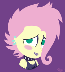 Size: 3194x3545 | Tagged: safe, artist:realgero, fluttershy, human, equestria girls, equestria girls series, g4, the road less scheduled, the road less scheduled: fluttershy, spoiler:eqg series (season 2), blush sticker, blushing, bust, choker, flutterpunk, high res, looking at you, no pupils, purple background, simple background, smiling, solo, studded choker