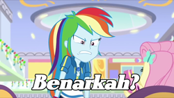 Size: 1280x720 | Tagged: safe, edit, edited screencap, screencap, rainbow dash, human, equestria girls, equestria girls specials, g4, my little pony equestria girls: better together, my little pony equestria girls: holidays unwrapped, angry, gritted teeth, indonesian, narrowed eyes, ragebow dash, teeth, translated in the description