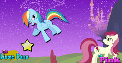 Size: 479x250 | Tagged: safe, rainbow dash, roseluck, earth pony, pegasus, pony, g4, canterlot, female, flower, mare, multicolored hair, night, rainbow hair, raised hoof, rose, smiling, stars, text, wings