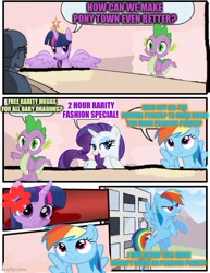 Size: 500x649 | Tagged: safe, rainbow dash, rarity, spike, twilight sparkle, alicorn, dragon, pegasus, pony, unicorn, g4, big crown thingy, blushing, comic, cross-popping veins, dialogue, element of magic, employer meme, exploitable meme, eyeshadow, female, flying, frown, horn, imgflip, jewelry, kicked out, makeup, male, mare, meme, multicolored hair, ponified meme, rainbow hair, regalia, smiling, speech bubble, spread wings, text, twilight sparkle (alicorn), wings