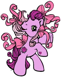 Size: 474x601 | Tagged: safe, earth pony, pony, g3, bow, female, hair bow, heart, mare, simple background, smiling, solo, tail, tail bow, white background