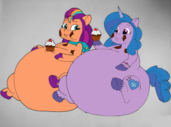 Size: 1209x896 | Tagged: safe, artist:mj455, izzy moonbow, sunny starscout, earth pony, pony, unicorn, g5, my little pony: tell your tale, belly, big belly, chubby cheeks, cupcake, duo, duo female, fat, female, food, gray background, huge belly, izzy moonblob, mane stripe sunny, mare, messy eating, obese, requested art, simple background, stuffed, tubby starscout