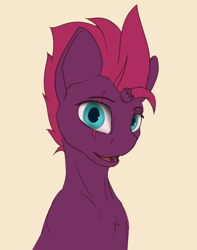 Size: 1702x2160 | Tagged: safe, artist:tenebrisnoctus, fizzlepop berrytwist, tempest shadow, pony, unicorn, g4, beige background, broken horn, colored, female, flat colors, horn, looking at you, mare, open mouth, open smile, simple background, smiling, smiling at you, solo, sternocleidomastoid