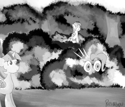 Size: 3500x3000 | Tagged: safe, artist:reinbou, pinkie pie, rainbow dash, twilight sparkle, alicorn, earth pony, pegasus, pony, g4, black and white, everfree forest, grayscale, high res, monochrome, twilight sparkle (alicorn)