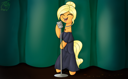 Size: 6500x4000 | Tagged: safe, artist:puffysmosh, applejack, earth pony, pony, g4, absurd resolution, alternate hairstyle, bipedal, clothes, dress, female, mare, microphone, singing, solo