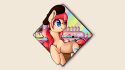 Size: 5760x3240 | Tagged: safe, artist:puffysmosh, oc, oc only, oc:earthlight aurora, earth pony, pony, absurd resolution, bakery, beret, candy, confectionery, food, hat, raised hoof, solo, wallpaper