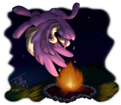 Size: 1611x1400 | Tagged: safe, artist:puffysmosh, oc, oc only, oc:giara, alicorn, pony, alicorn oc, campfire, eyes closed, horn, jumping, night, simple background, solo, spread wings, transparent background, upside down, wings