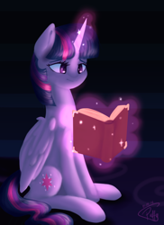 Size: 1200x1650 | Tagged: safe, artist:puffysmosh, twilight sparkle, alicorn, pony, g4, book, glowing, glowing horn, horn, levitation, magic, reading, sitting, solo, telekinesis, twilight sparkle (alicorn)