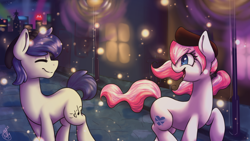 Size: 1920x1080 | Tagged: safe, artist:puffysmosh, oc, oc only, oc:earthlight aurora, earth pony, pony, city, duo, hat, lights, night, open mouth, open smile, smiling, street, streetlight