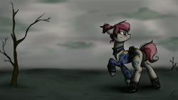 Size: 1920x1080 | Tagged: safe, artist:puffysmosh, oc, oc only, oc:earthlight aurora, earth pony, pony, fallout equestria, clothes, dirty, jumpsuit, looking back, profile, raised hoof, solo, vault suit, wasteland